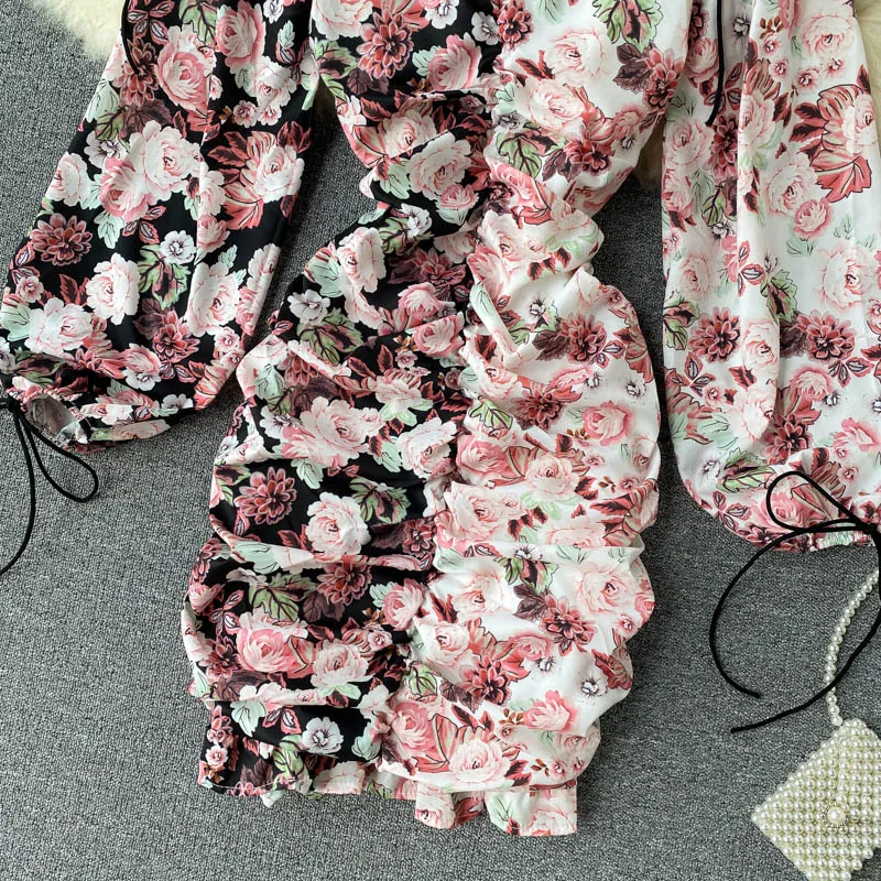 

Dress Pleated Sexy Bodycon Vestidos V-neck Autumn A-line Dresses 2021 Panelled Flower Print Patchwork Fungus Drawstring