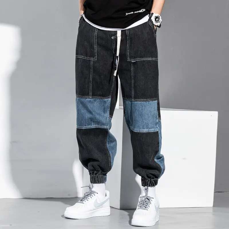 

2021 Jeans men's fashion hip hop color matching overalls loose toe Harlan pants American summer men's pants