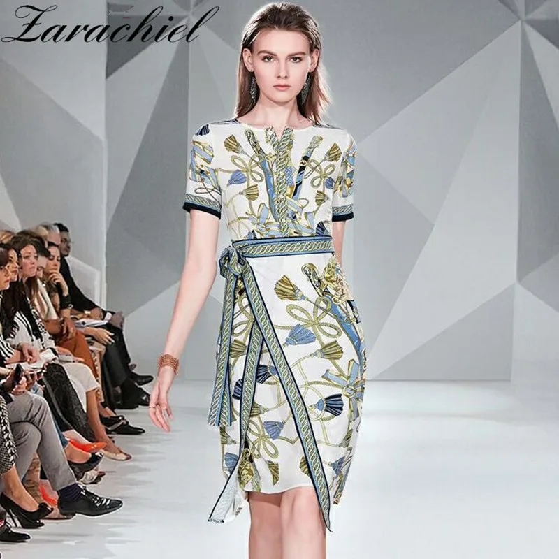 picture color Новое модное винтажное офисное платье с принтом женский сексуальный О-вырез с коротким рукавом с высокой талией на шнуровке Сплит Нерегулярные облегающие платья - Цвет: picture color