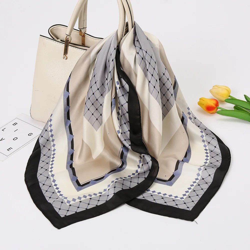 

New Female Silk Neck Scarf Luxury Plaid Print Square Hair Scarves Foulard Head Band Shawls and Wraps Neckerchief Bandana 70*70cm