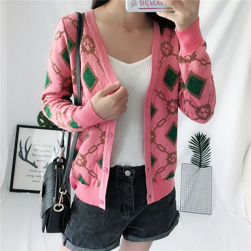 Женский однобортный Кардиган с v образным вырезом дизайнерский жаккардовый