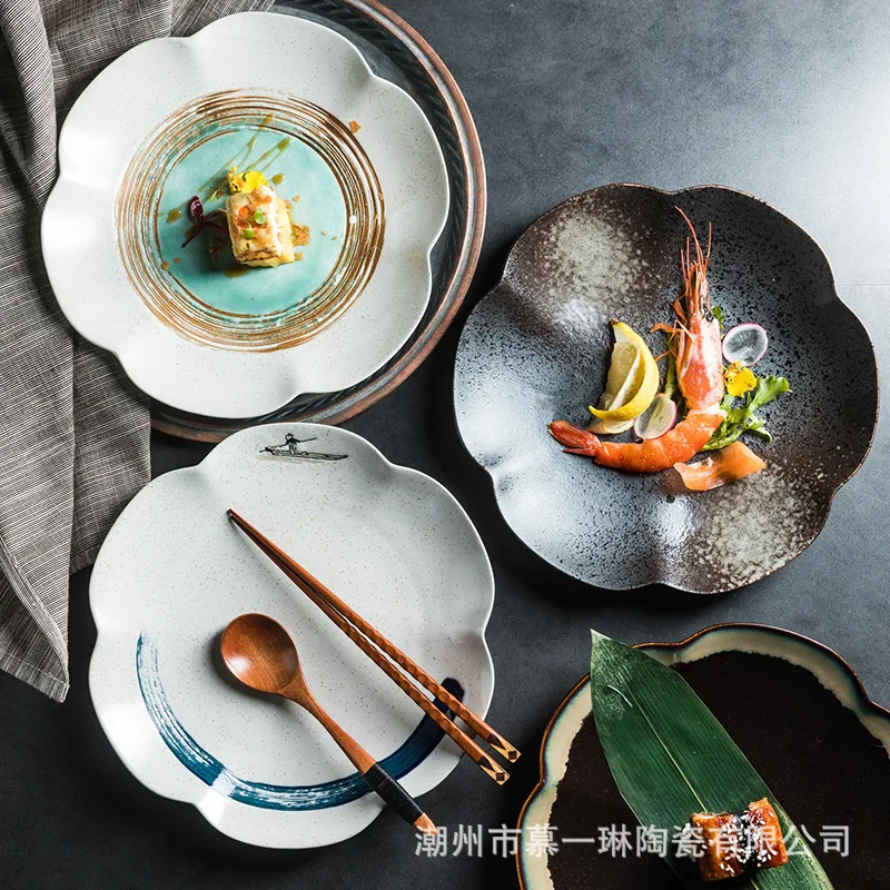 

Japanese hand-painted pattern ceramic plate retro cuisine sushi plate dessert plate home restaurant tableware set ceramic plate