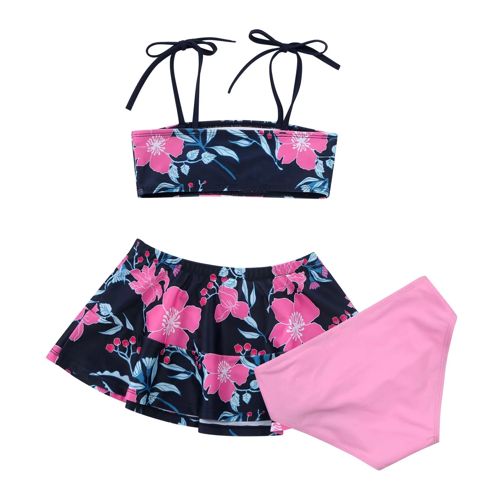 3Pcs Teen Girls Brazilian Swimsuits Summer Swimming Suit Straps Tube Tops with Skirt and Briefs Set Beach Swimwear Bathing Suits