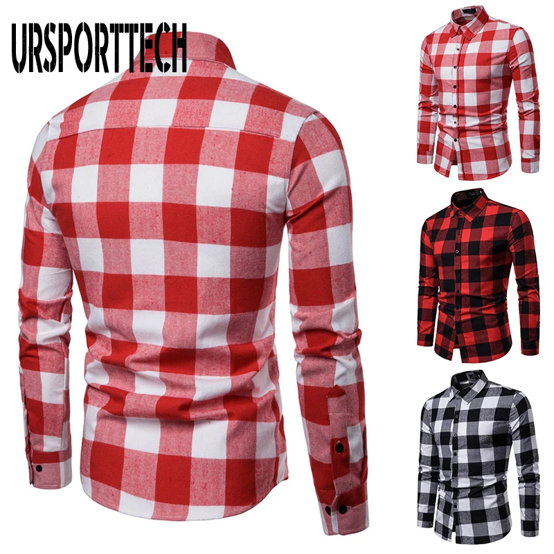 URSPORTTECH Red Black Plaid Shirt Men Spring Autumn Men's Brand Casual Long-sleeved Shirt Slim Fit Soft Comfortable Men's Shirts