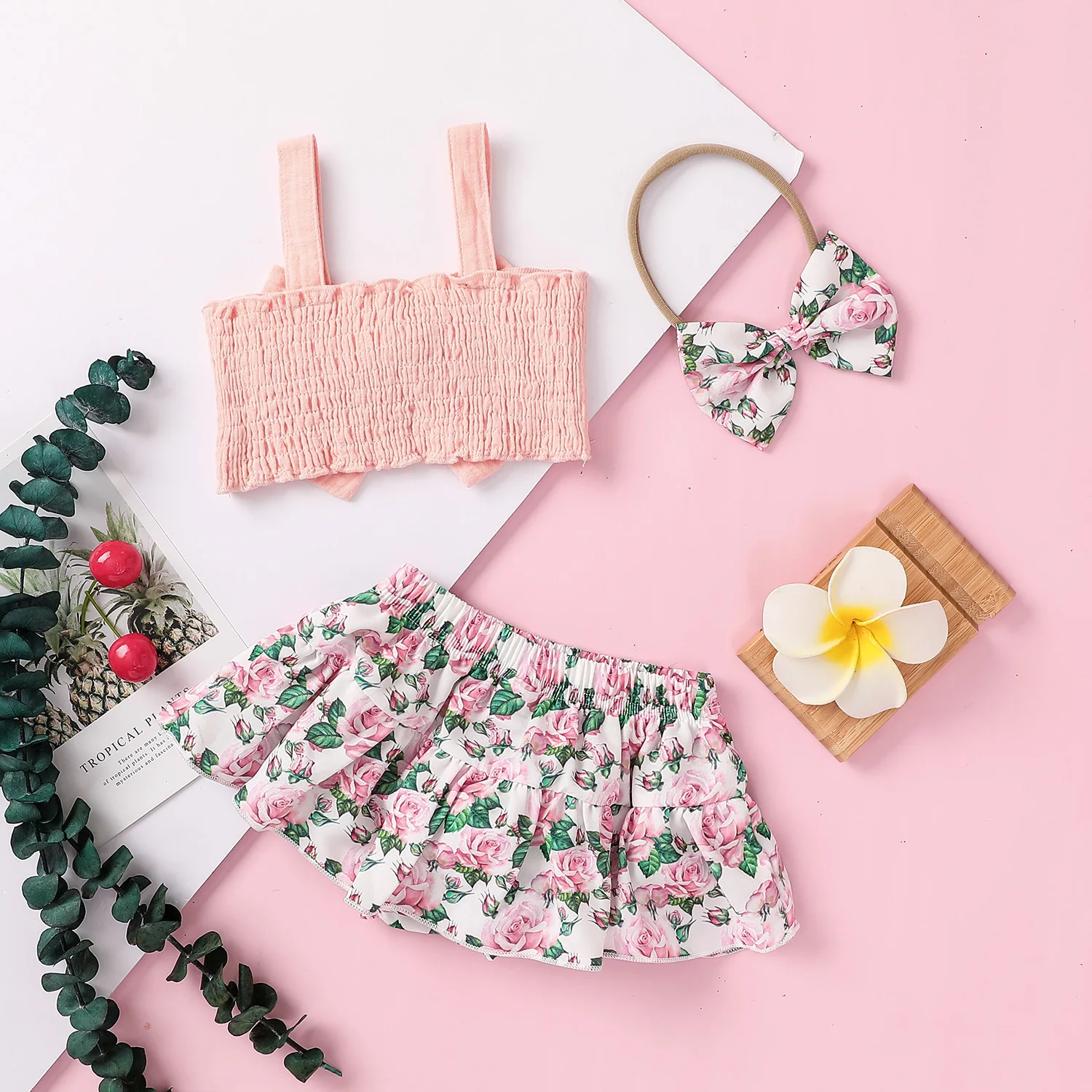 

3Pcs Baby Girl Summer Outfits Sleeveless Shirred Bow Front Tank Tops + Floral Tutu Bloomers + Headband Set