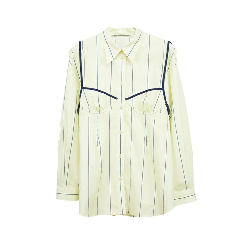 

VGH Casual Striped Patchwork Shirts For Women Lapel Long Sleeve Korean Straight Lace Up Blouses Female 2021 Summer Fashion Style