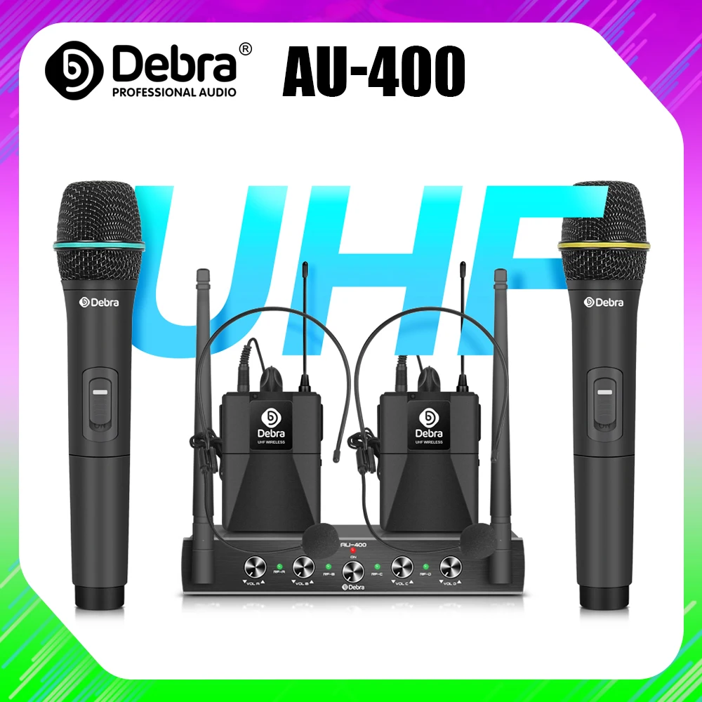 Портативный AU 400 UHF 4 канальный ручной или бодикон Lavalier & гарнитура Беспроводная