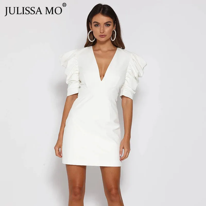 Белый Julissa mo сексуальное платье с v-образным воротом, Для женщин белые вечерние платья с короткими рукавами, шифоновая блузка с короткими рукавами короткое платье футляр женские офисные, открытая спина, мини, весеннее платье - Цвет: Белый