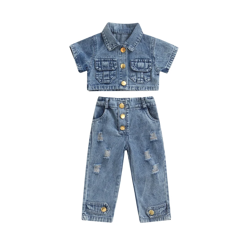 

Джинсовый костюм для девочек 1-6 лет, летняя одежда, укороченный топ с коротким рукавом, отворотом и золотыми пуговицами + рваные длинные брюк...