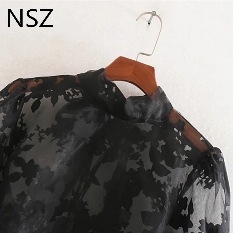 NSZ женская черная блузка из органзы с вышивкой воротник-стойка фатиновая рубашка