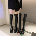 Женские осенние сапоги выше колена, женские сапоги из искусственной кожи на блочном каблуке и платформе, Женские однотонные модные длинные сапоги на молнии