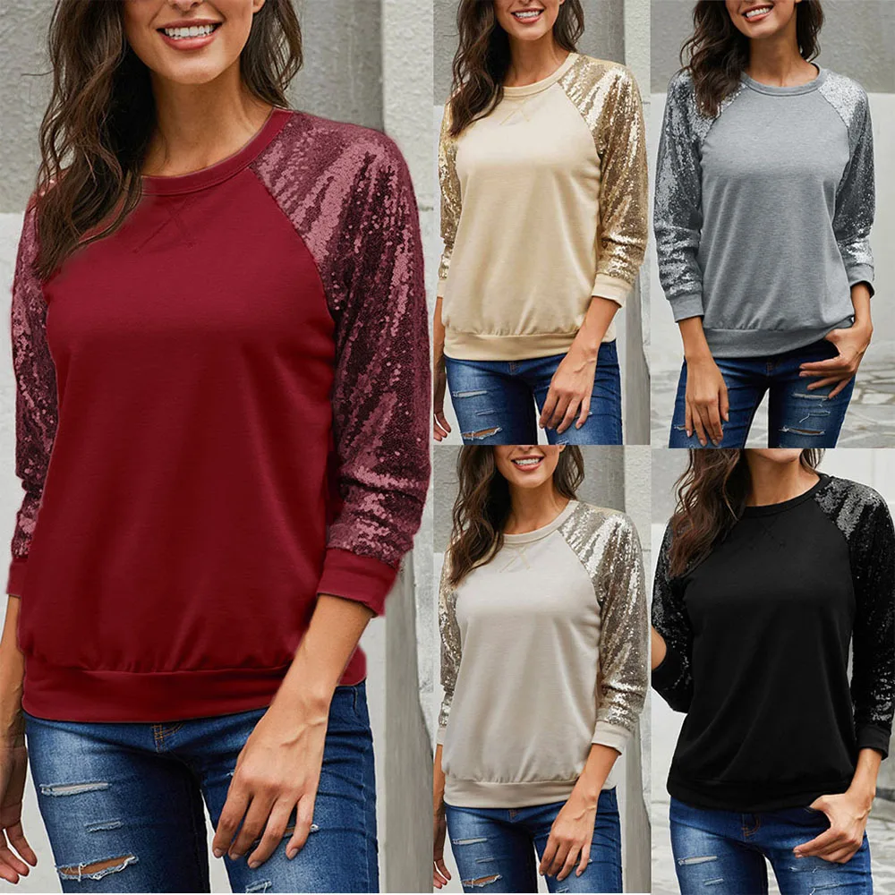 

2021 Autumn Long Sleeve T-shirt Patchwork Sequins Women Loose Casual Shirts Elegant Ladies Streetwear Tees Top Blusas Mujer
