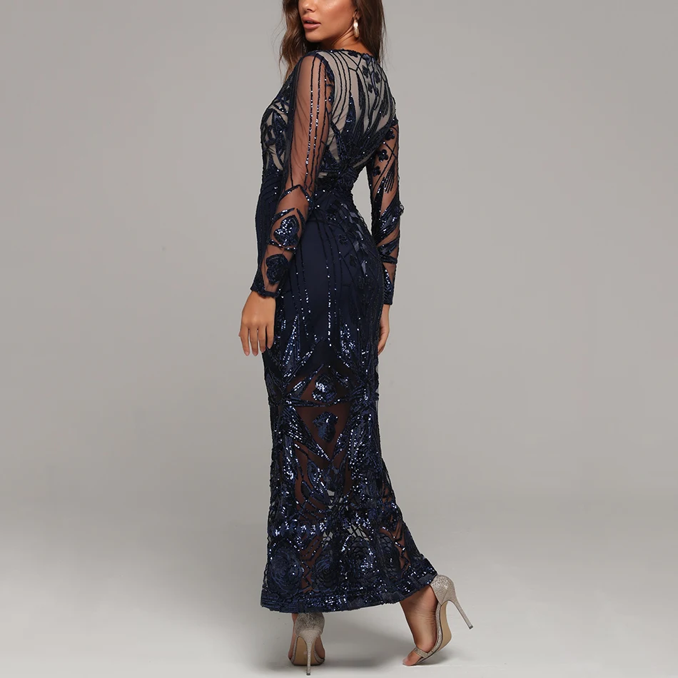 

Ailigou 2021 New Women's Luxury Sequin Celebrity Party Dress Sexy Long Sleeve V-Neck Hollow Bodycon Maxi Long Club Dress Vestido
