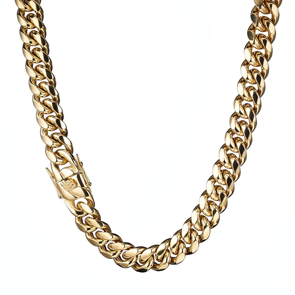 

14mm Stainless Steel Miami Curb Cuban Chain Necklace Boys Men Hip hop Gold Color Dragon Lock Clasp Jewelry Xmas Gift
