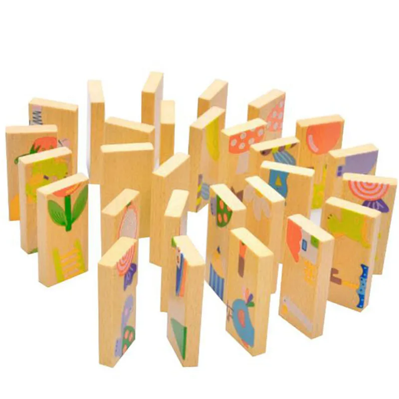 

28 pcs/set Unisex Baby Kid Animal Domino Blocks Toy Safe Wood Domino Educational Toys Gift for Kid Above 3 Years Old