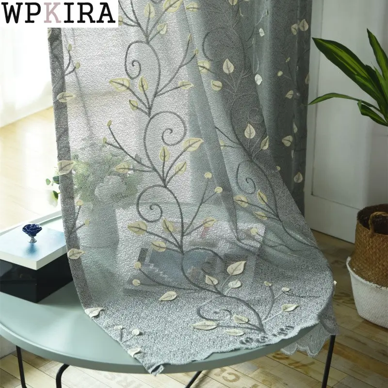 

Embossed Leaves Embroidery Grey Curtain for Living Room Luxury Bird Nest Voile Sheer Drape Window Balcony Tulle Blinds M229#E