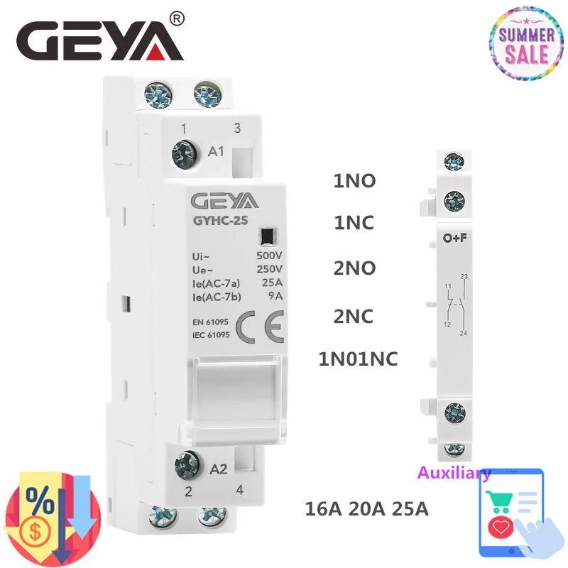GEYA бытовой модульный контактор переменного тока AC220V Американская классификация проводов 2р 16A 20A 25A 1NO 1NC 2NO 2NC 1NO1NC вспомогательный контактор - изображение