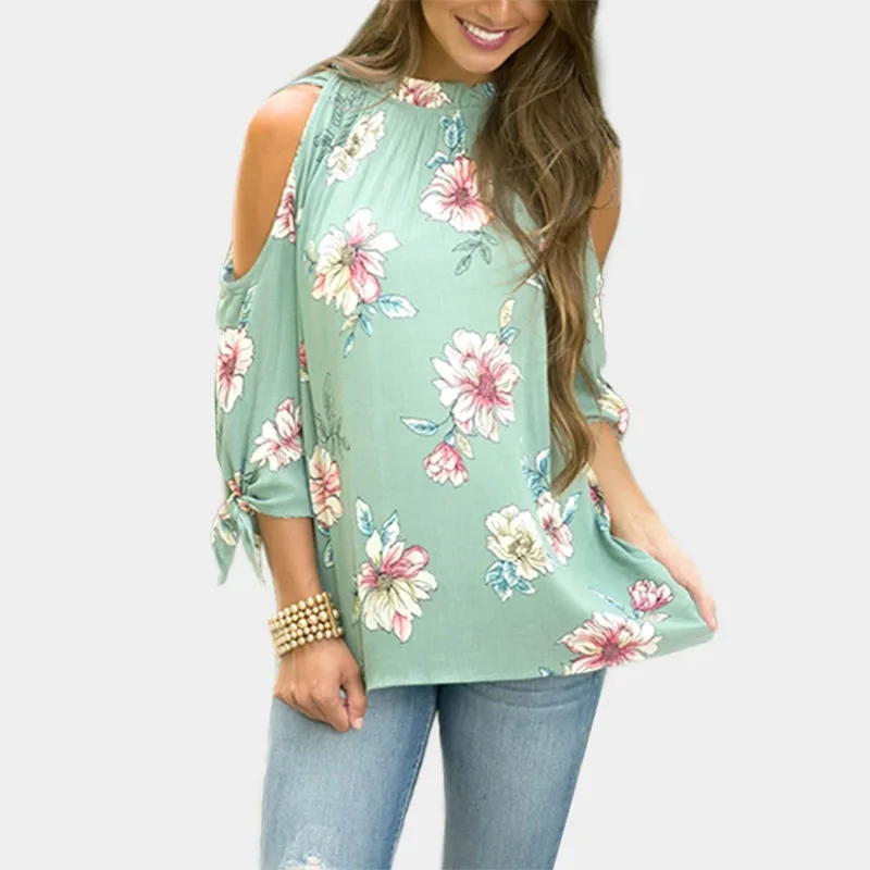 

Green Chiffon Floral Print Cold Shoulder Tie Cuff Blouse Spring Summer Off The Shoulder Three Quarter Sleeve Hem Loose Top Shirt