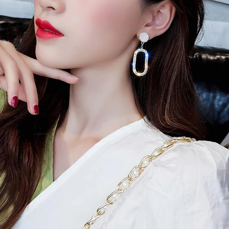 2 Pcs/Set Exquisite Women Stud Earrings Oval Crystal Geometry Pendant Drop Gold Silver Color Earring Set Dance Party Jewelry | Украшения и