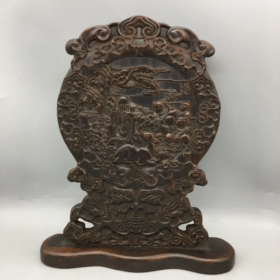 

Decorations Decoration Statue Wood Carving Fu Lu Shou Peach Sika Deer Zen Crafts Home Good Auspicious Longevity Home Accessories