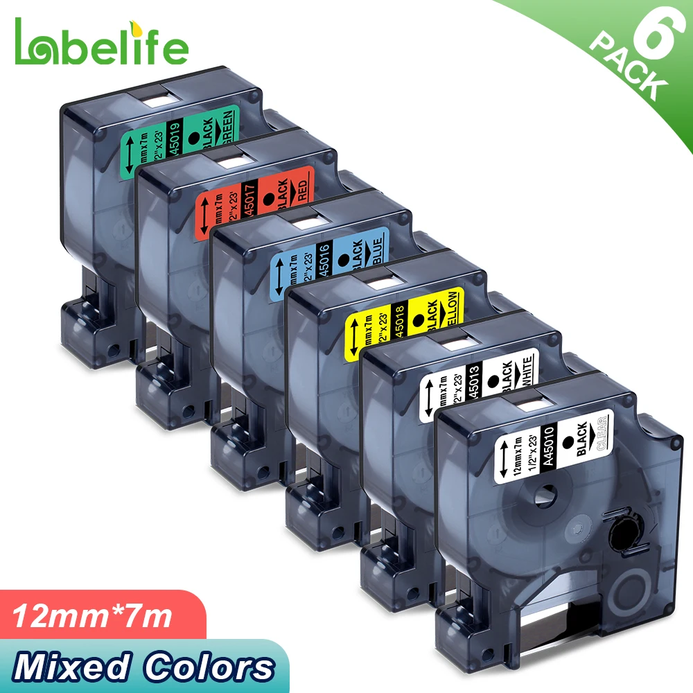 

6/9/12/19mm Label Tape Compatible for DYMO D1 Tape 45013 40913 43613 45010 45016 45018 for LabelManager LM160 LM280 1/2/5/6pcs