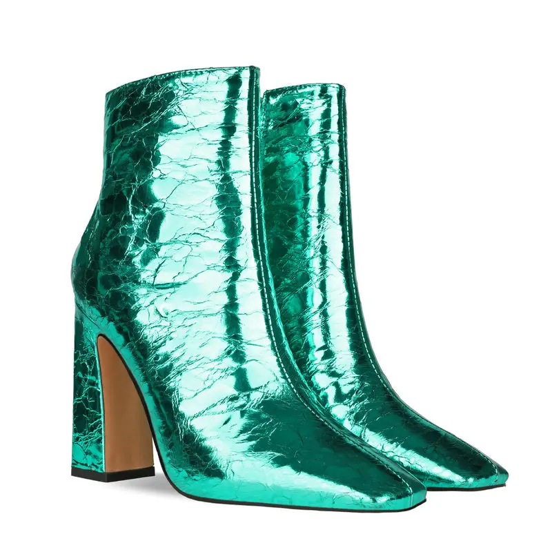 

2020 Winter Women Boots Fashion Square Toe Ankle Boots Ladies Zipper Thick High Heel Short Boots Red Silver Gold Green