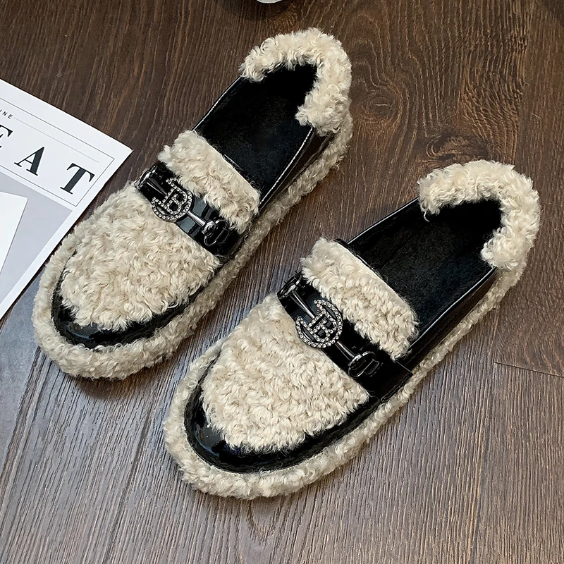 Обувь на плоской подошве с овечьим мехом женская обувь 2019 г. Осень-зима новая