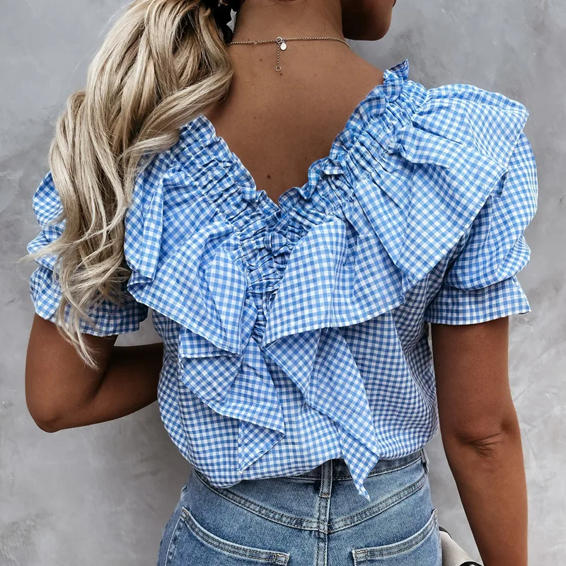 

2021 Fashion Women Plaid Shirt Blouse Elegant Ruffled V-Neck Short Sleeve Tops Summer Puff Shoulder Casual Office Ladies Blouses