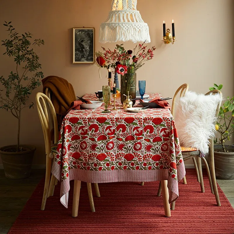 Yamuna Красный Розовый Зеленый цветочный цветок льняная скатерть рождественские