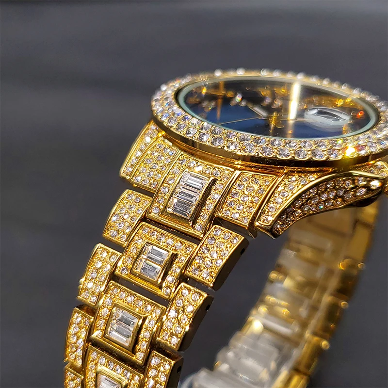 Часы наручные мужские водонепроницаемые роскошные золотистые с автокалендарем