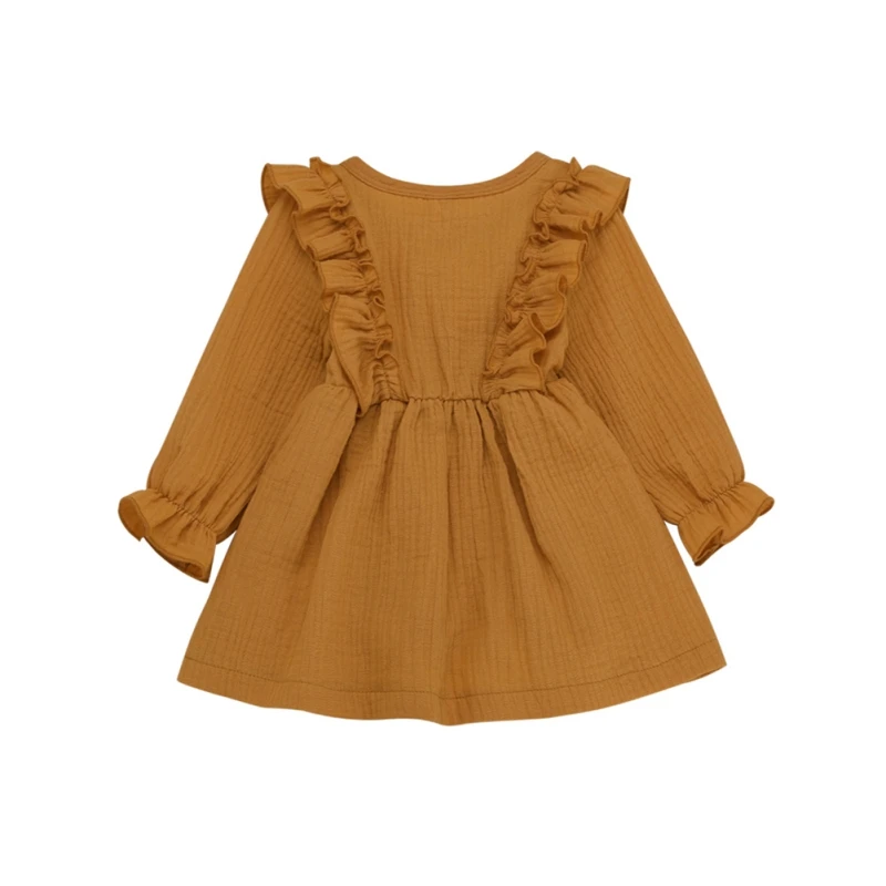 Хлопковое однотонное платье для девочек с длинным рукавом оборками белого