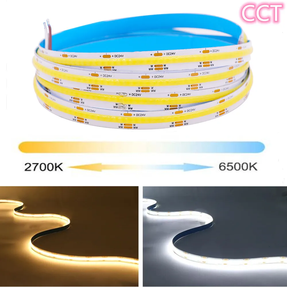 CCT COB LED Strip Light 5M High Density Dual Colour Warm Cool White Dimmable Linear Lights 12V 24V 512leds/m Flexible Tape Rope