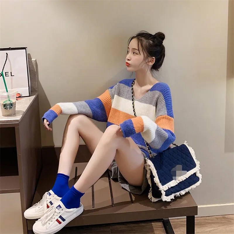 Радужный полосатый Женский свитер 2019 v-образный вырез с длинными рукавами