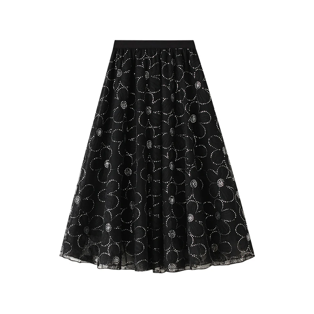 

Elegant High Waist Sequins Lace Flower Maxi Skirt Women Fashion A-Line Thin Lining White Black Long Skirts Woman Ladies Clothes
