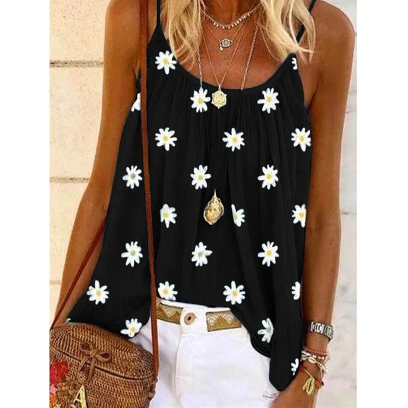 

Summer Fashion Casual Loose Solid Color Daisy Print Tank Tops Women's Plus Size Suspender Shirt