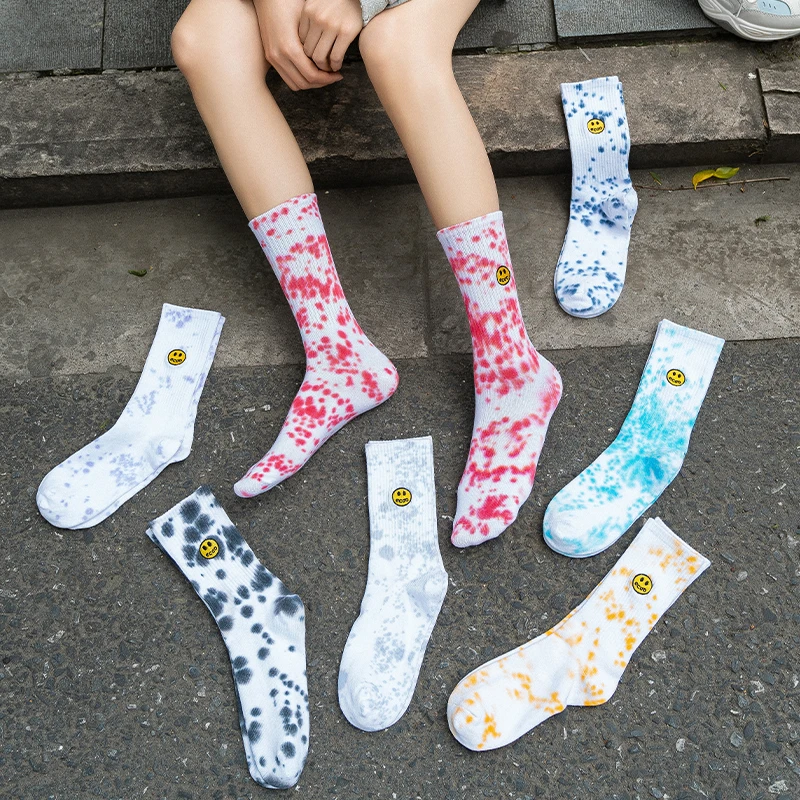 3 Pairs/Box Tie-dye Smile Face Embroidery Stockings Cotton Harajuku Dot Fashion Hip Hop Skateboard Gifts Men Women Long Socks