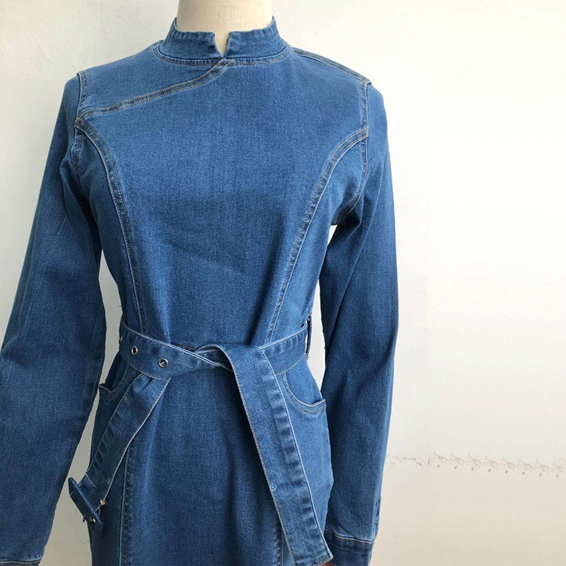 

Office Lady Denim Dress Women's Stand-up Collar High Waist Slim Long Sleeve Belt Dress Spring Casual Elegant OL Commuting Dress