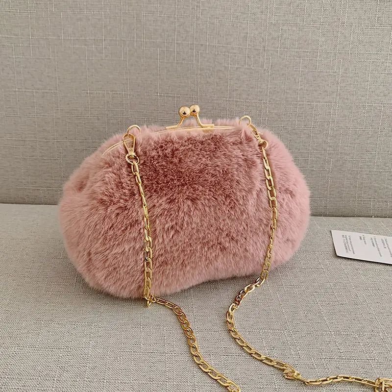 

Pink Women Lady Faux Fur Single Shoulder Bag Winter Chains Girls Trendy Furry Plush Casual Vogue Korean Japan Girl Bags Bols