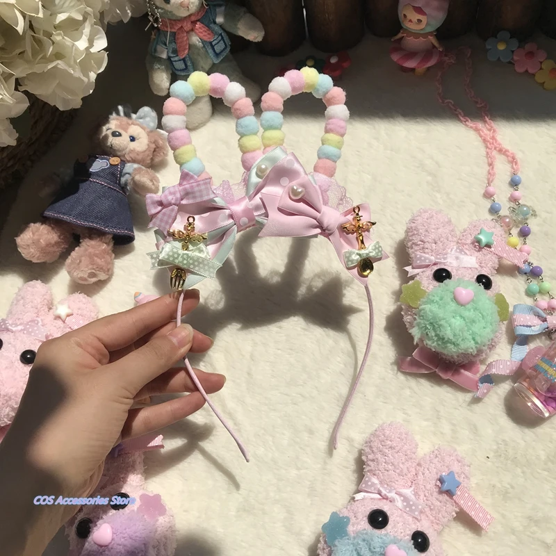 

Japanese Original Handmade Lolita Soft Sister Cute Plush Ball Rabbit Ears Hair Hoop Sweet Cross Multiple Bowknot KC Headdress