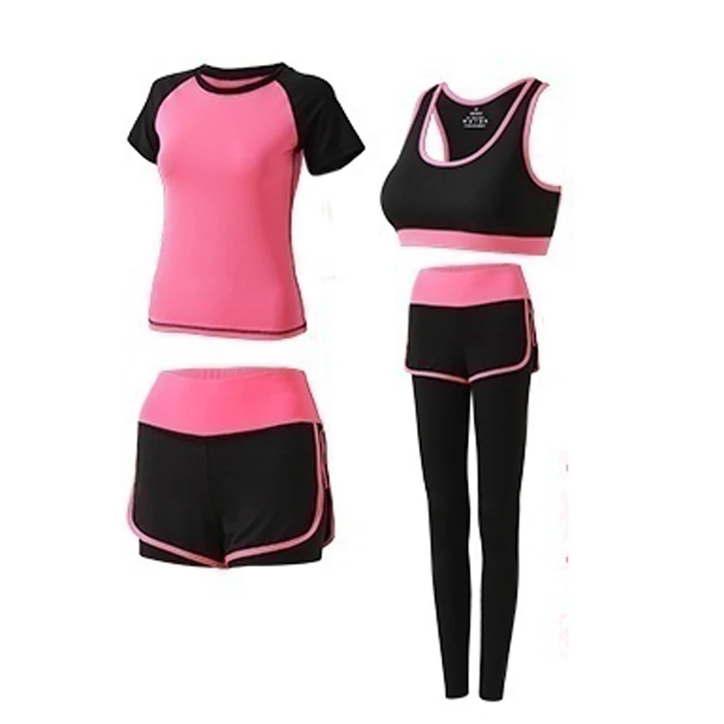 5PC Yoga Set Sports Wear For Women Gym Clothing Fitness Leggings Bra Women's Sports Suits Workout Outfit Running Clothes Set - Цвет: Rose red-4pcs