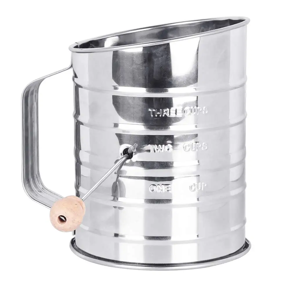 

Flour Sifter, Sifter for Baking, Stainless Steel Hand Crank Flour Sifter with 3-Cup Measuring, Double-Layer Hand-Pressed