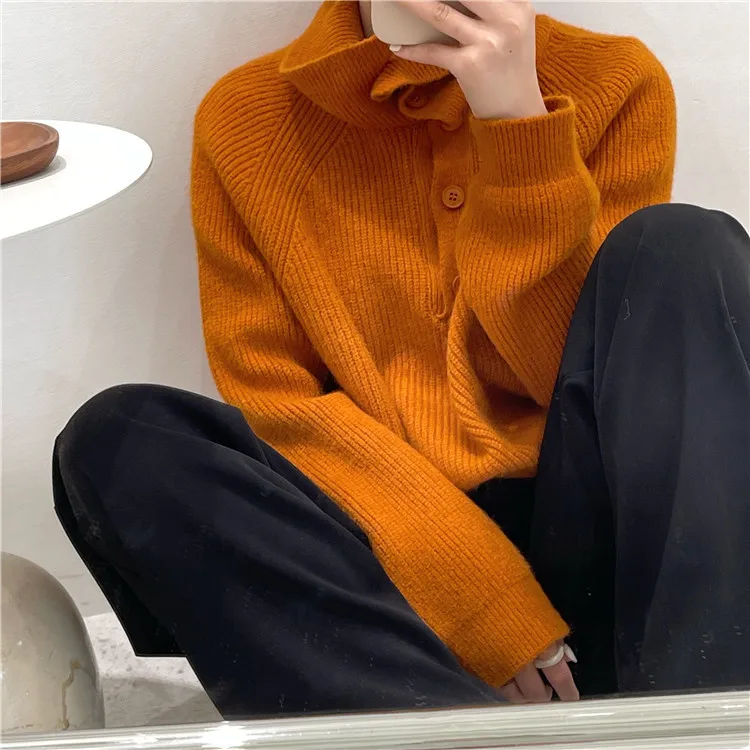 

Новинка Зима 2021, свитер для ленивых языков, Женский свитер-бойфренд с большим лацканом, однотонные мягкие и плотные женские свитера