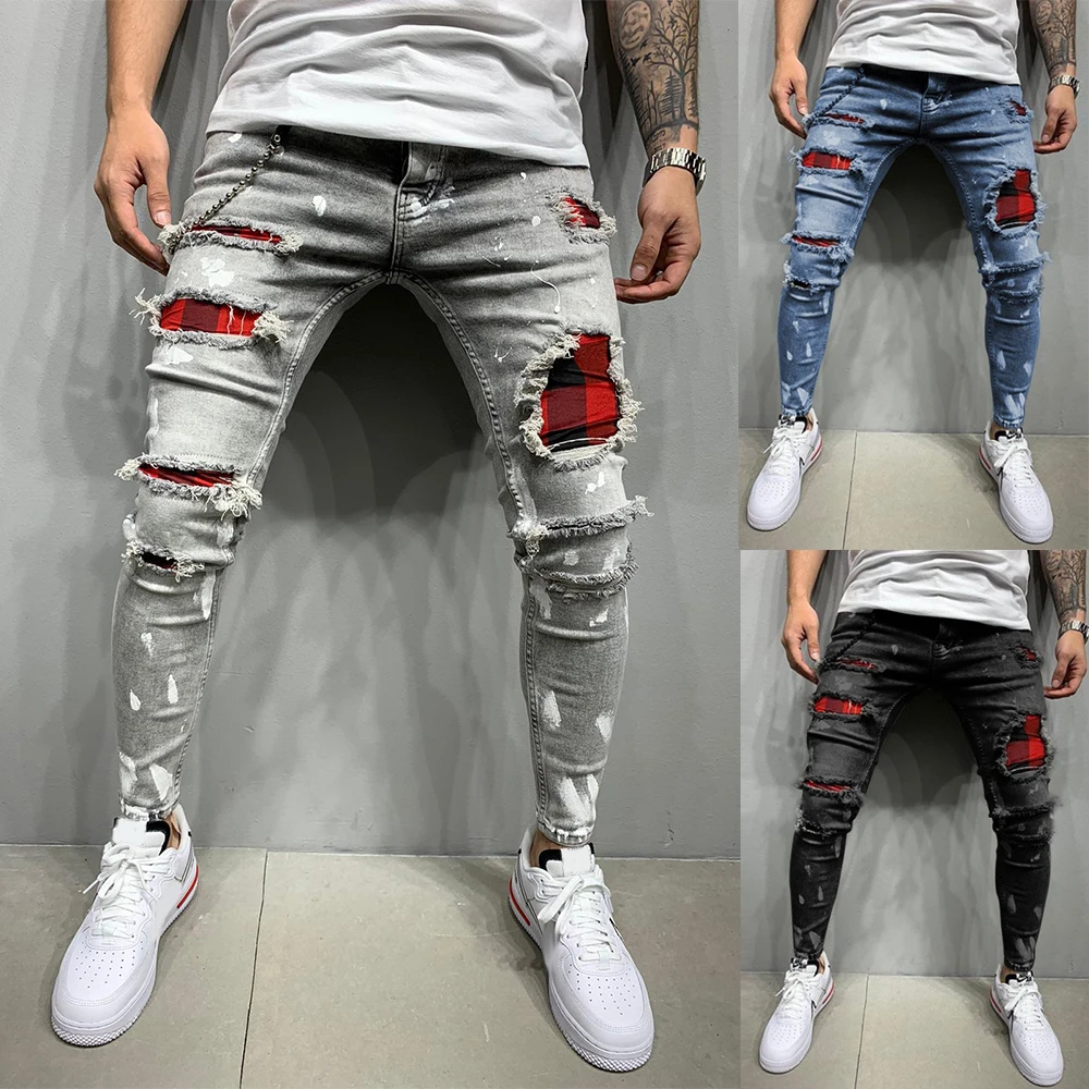 

Men Quilted Embroidered Jeans Skinny Spliced Ripped Grid Pencil Pants Stretch Denim Pants Mid Waist Patchwork Denim Trousers D30