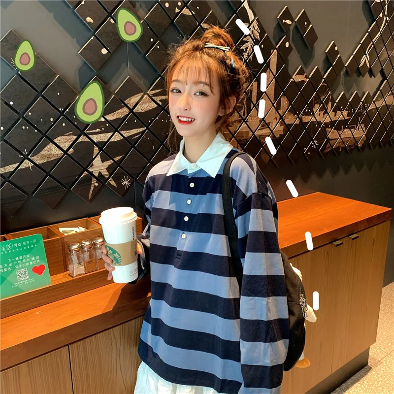 Женская Полосатая Рубашка поло с длинным рукавом повседневные хлопковые топы