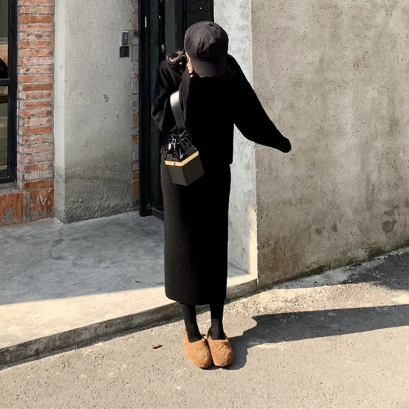 Элегантный женский однотонный кашемировый свитер юбка Женский комплект 2 шт.