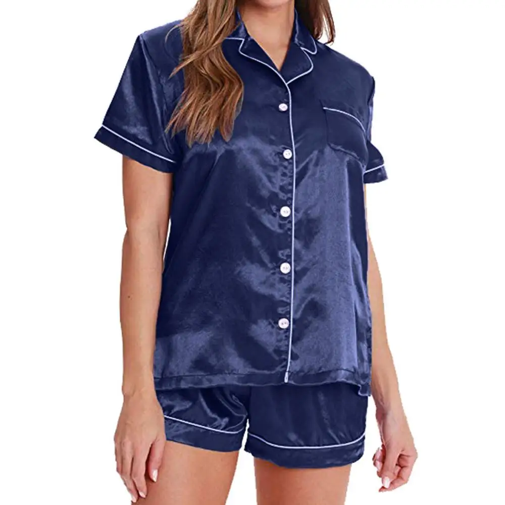Женские пижамные костюмы женская летняя однотонная атласная пижама на пуговицах