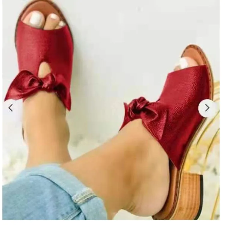 2022 Women Bow Square Heels Slippers Female Simplicity Peep Toe Elegant Shoes Ladies Fashion Leisure Summer Zapatillas Mujer