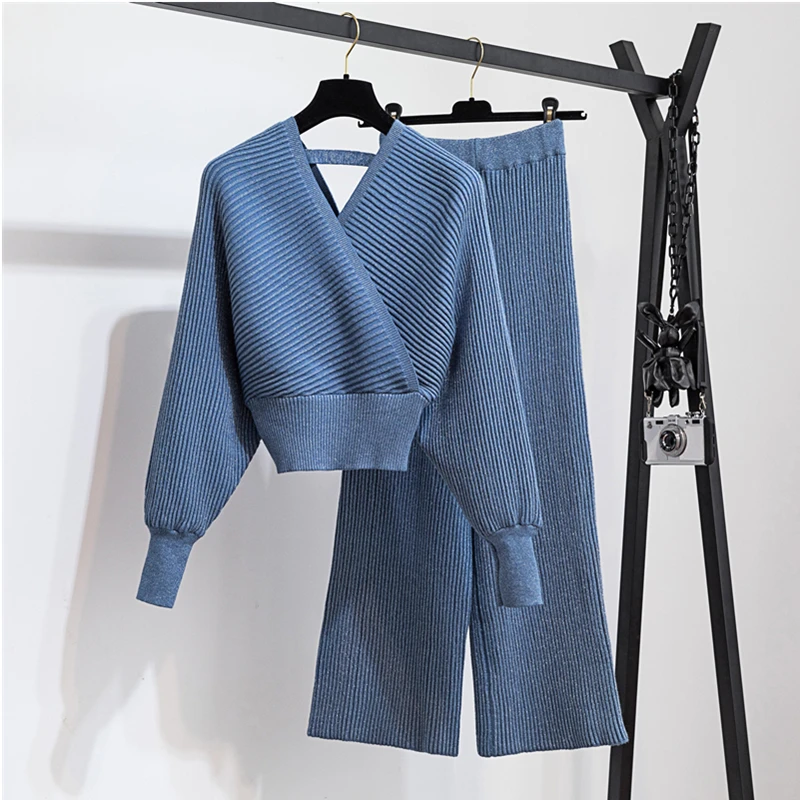 Модные женские блестящие Трикотажные Пуловеры и брюки комплект из 2 предметов