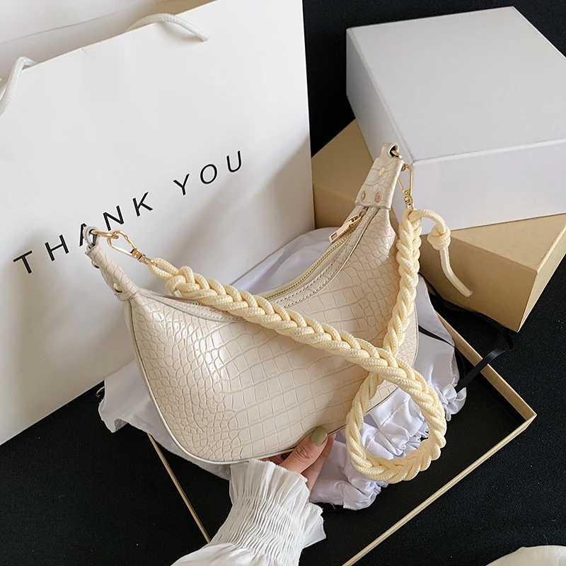 

Braided Rope Shoulder Belt Small Half Moon Bags For Women 2021 Solid Color Shoulder Handbags Female Stone Pattern Cross Body Bag