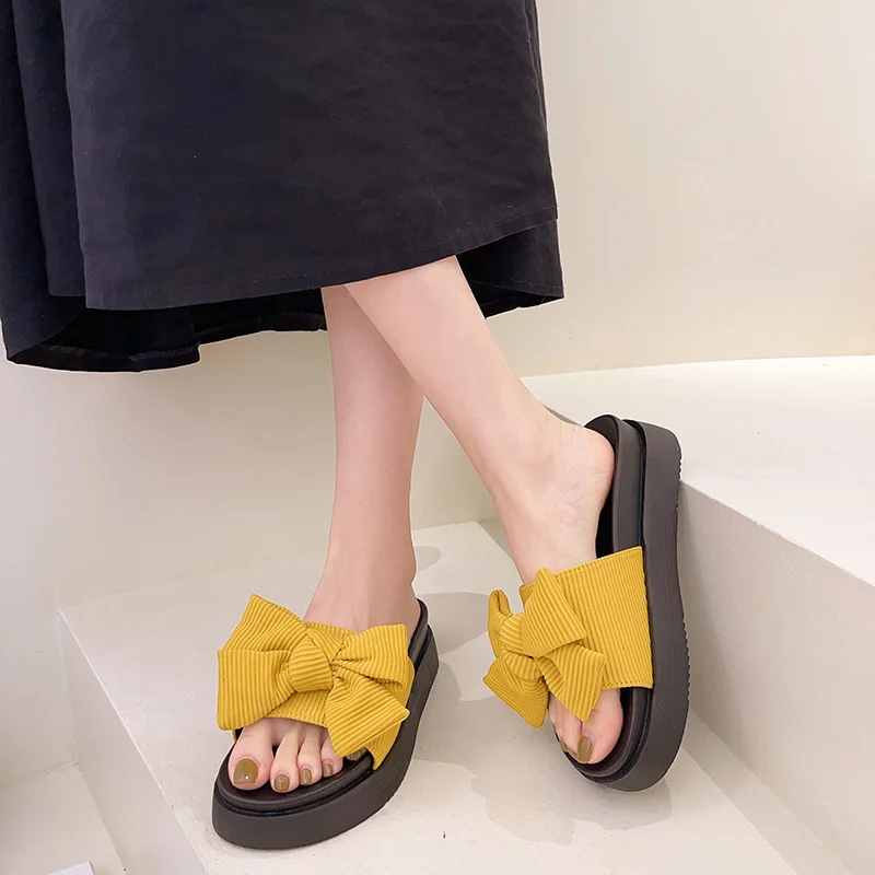 

House Slippers Platform Shoes Woman 2021 Butterfly-Knot Beige Heeled Sandals Med Pantofle Flat Black New Rubber Butterfly-knot B